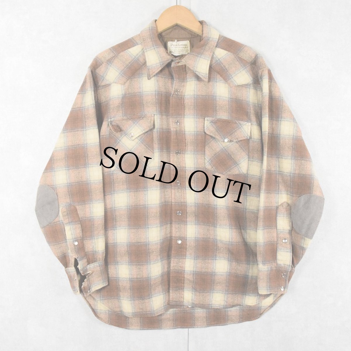 画像1: 70's PENDLETON オンブレーチェック柄 エルボーパッチ付き ウールウエスタンシャツ XL (1)