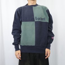 画像2: 90's MV SPORT REVERSE WEAVE TYPE USA製 パネル切り替え 刺繍スウェット NAVY×GREEN M (2)