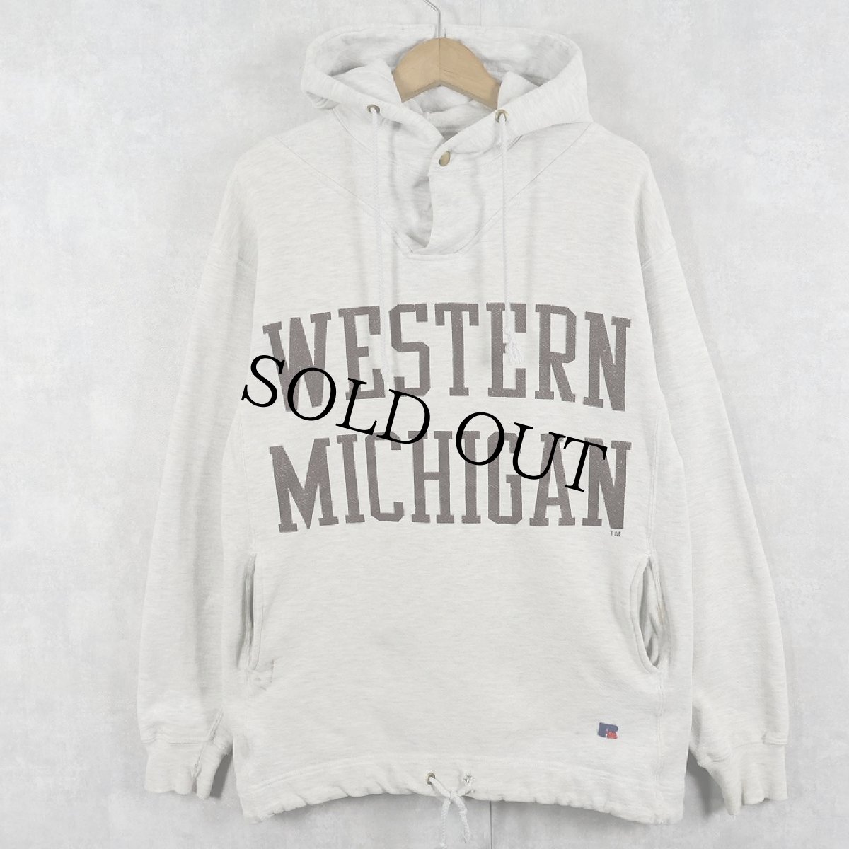 画像1: 90’s RUSSELL ATHLETIC USA製 REVERSE WEAVE TYPE "WESTERN MICHIGAN" スナップボタン&ポケット付き プリントスウェットフーディー M (1)