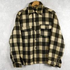 画像1: 50's 猫目ボタン ブロックチェック柄 ウールシャツ M (1)