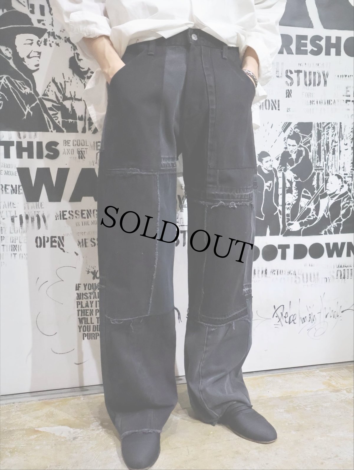 画像1: Little Vintage "vintage black denim" patch work backer pants (1)