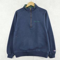 画像1: 80〜90's Champion 青刺繍タグ 中期 USA製 ロゴ刺繍 ハーフジップスウェット NAVY M (1)