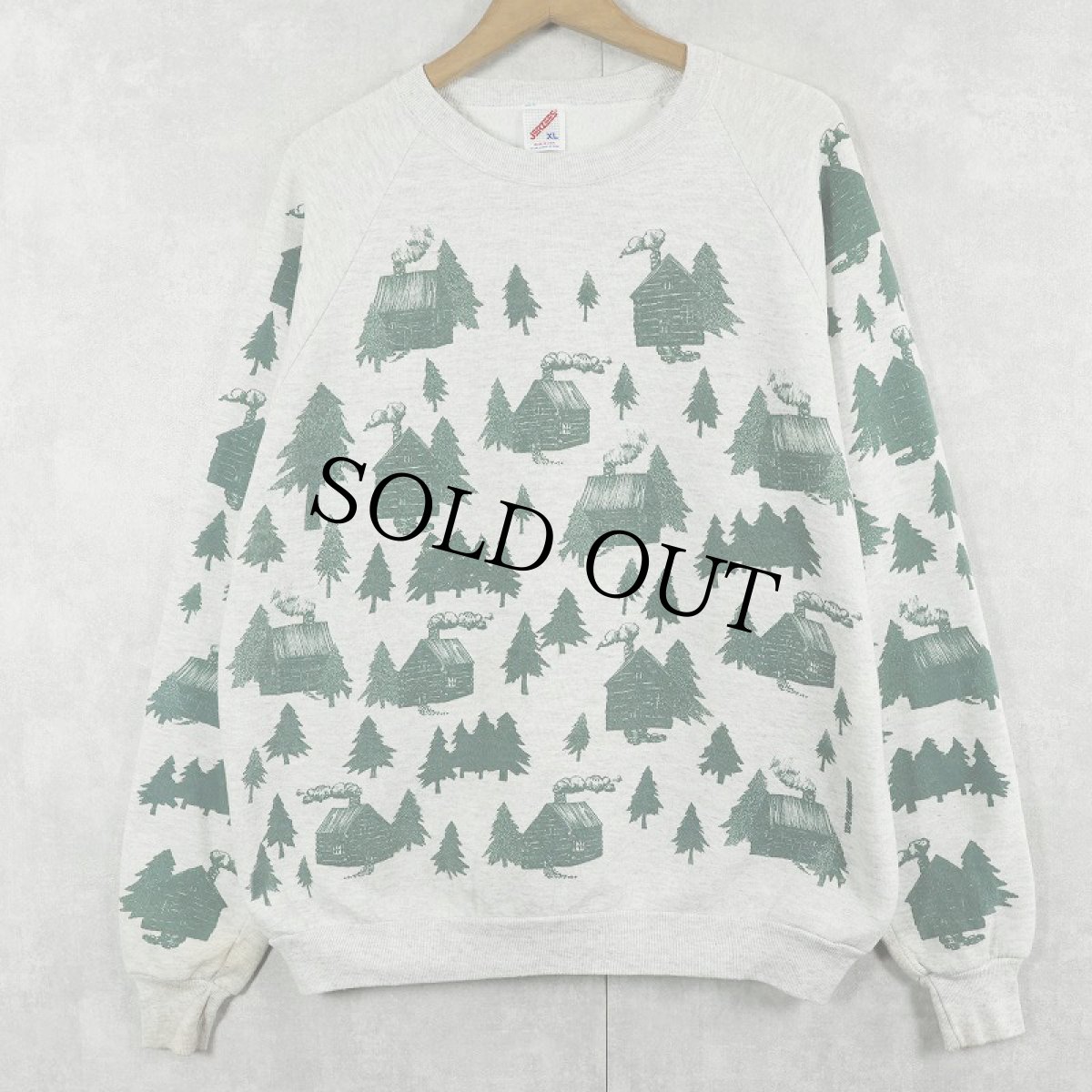 画像1: 【SALE】 90's JERZEES USA製 "MICHIGAN RAG" ログハウス柄 プリントスウェット XL (1)