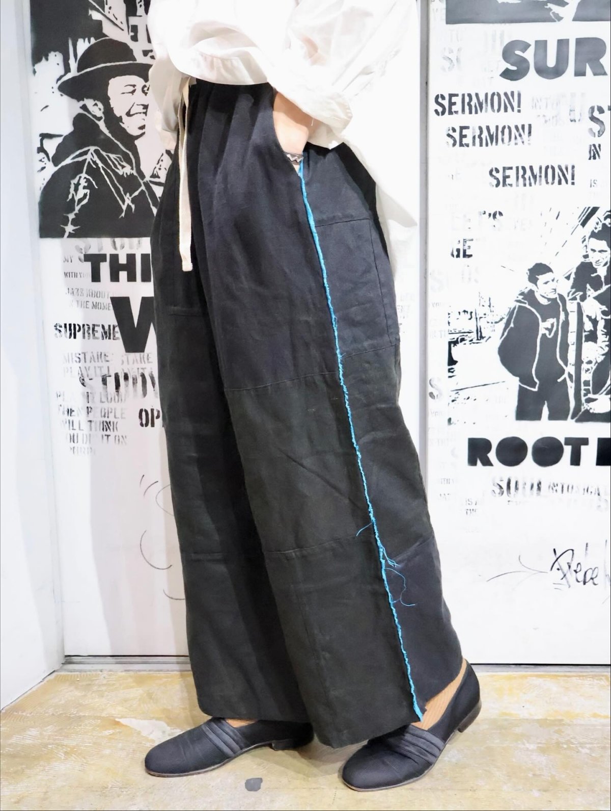 画像1: Little Vintage "black linen patch work" fring easy pants (1)