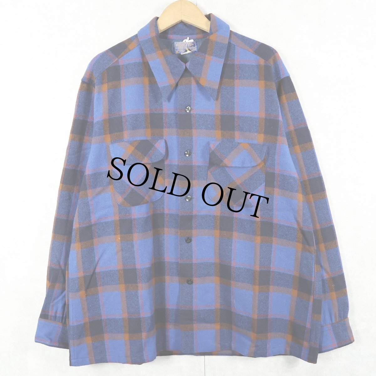 画像1: 70's PENDLETON USA製 チェック柄 ウールオープンカラーシャツ XL (1)