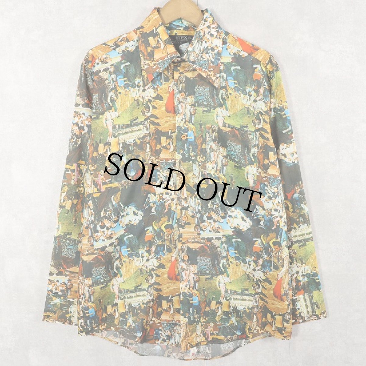 画像1: 70's UTEX 総柄 フォトプリントポリエステルシャツ M (1)