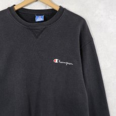 画像1: 80〜90's Champion USA製 青刺繍タグ中期 ロゴ刺繍 前Vスウェット BLACK L (1)