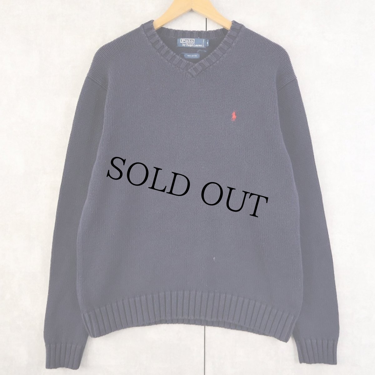 画像1: POLO Ralph Lauren ロゴ刺繍 Vネック コットンニットセーター NAVY M (1)