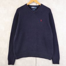 画像1: POLO Ralph Lauren ロゴ刺繍 Vネック コットンニットセーター NAVY M (1)