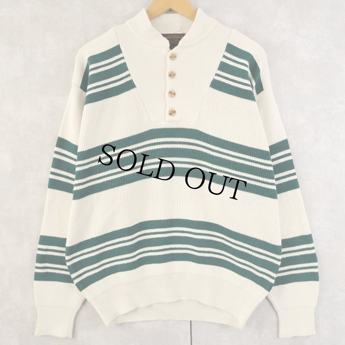 画像1: 80's Eddie Bauer ボーダー柄 ヘンリーネック コットンニットセーター L (1)