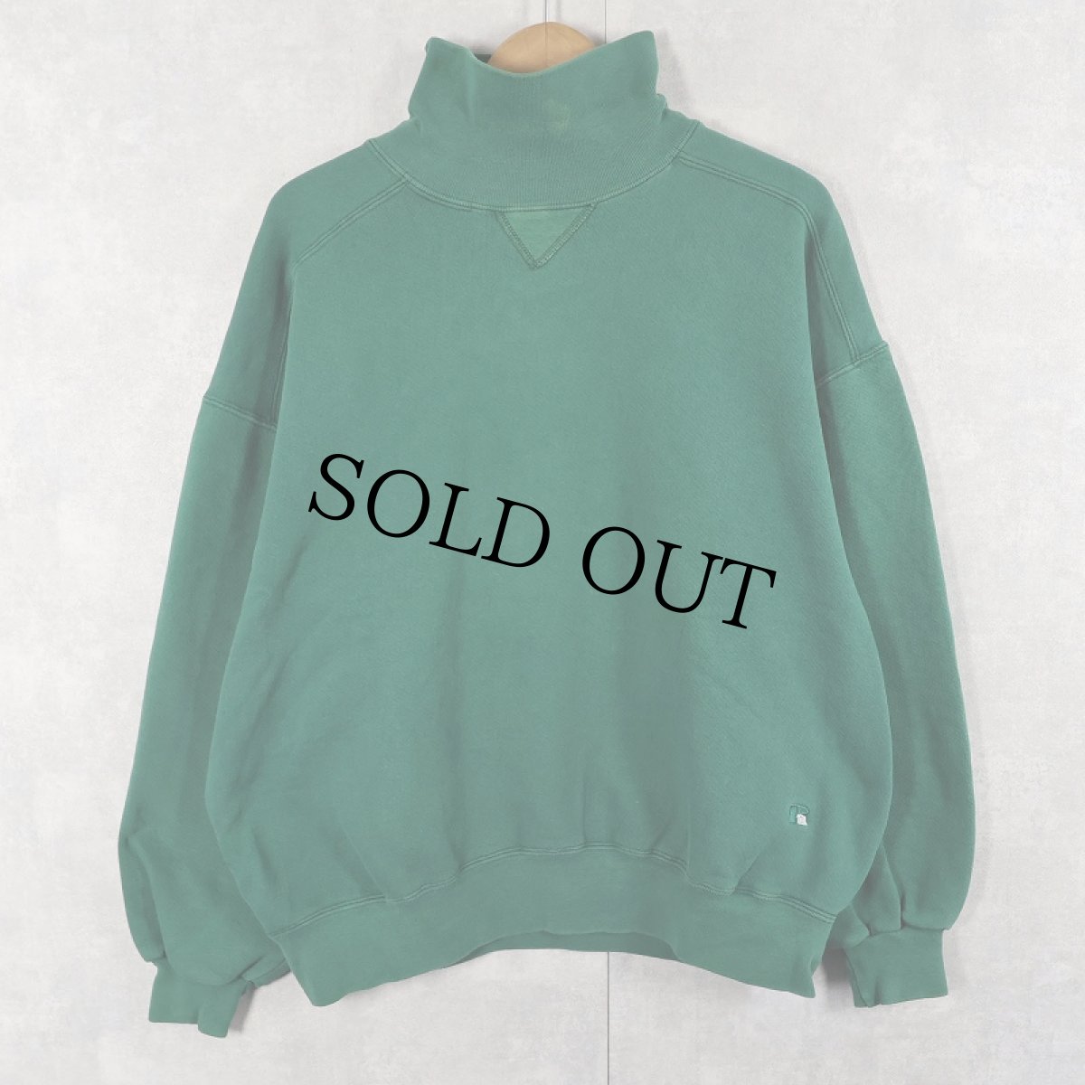 画像1: 90's RUSSELL ATHLETIC USA製 前V タートルネック 無地スウェット GREEN XL (1)