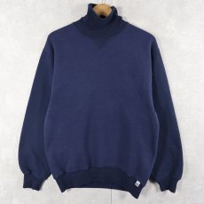 画像1: 90's RUSSELL ATHLETIC USA製 前V タートルネック 2トーン スウェット NAVY M (1)