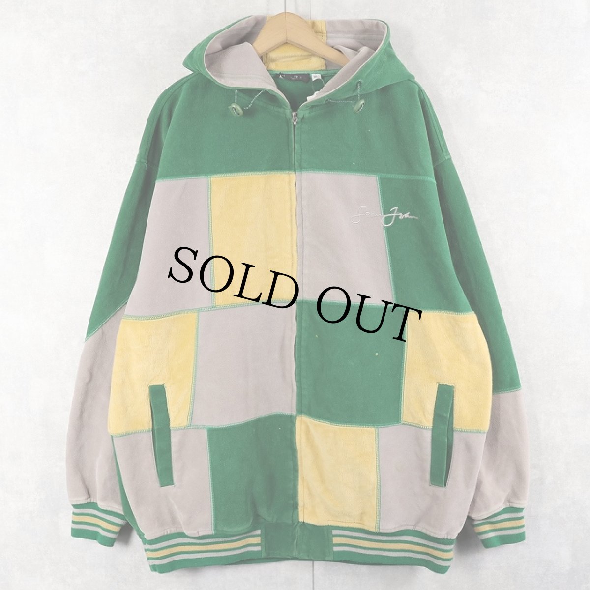 画像1: Sean John ロゴ刺繍 パネル切り替え ジップパーカー XL (1)