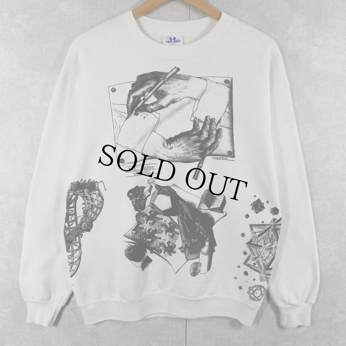 画像1: 90's M.C. Escher USA製 騙し絵アート マルチプリントスウェット L (1)