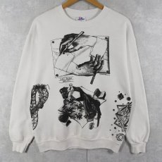 画像1: 90's M.C. Escher USA製 騙し絵アート マルチプリントスウェット L (1)