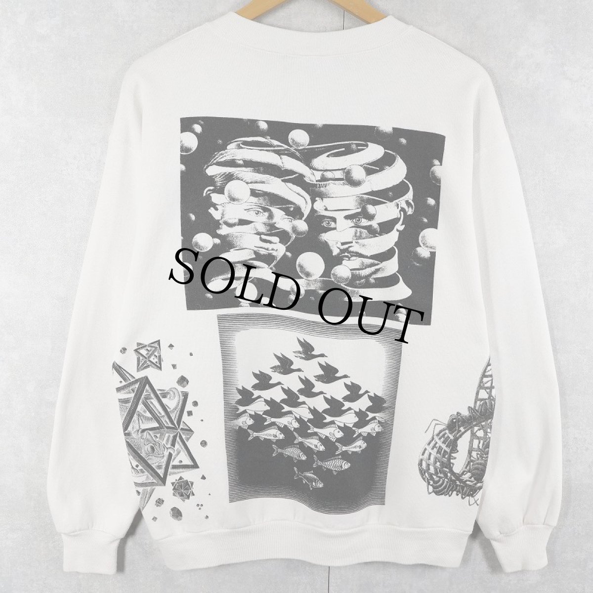 画像2: 90's M.C. Escher USA製 騙し絵アート マルチプリントスウェット L (2)