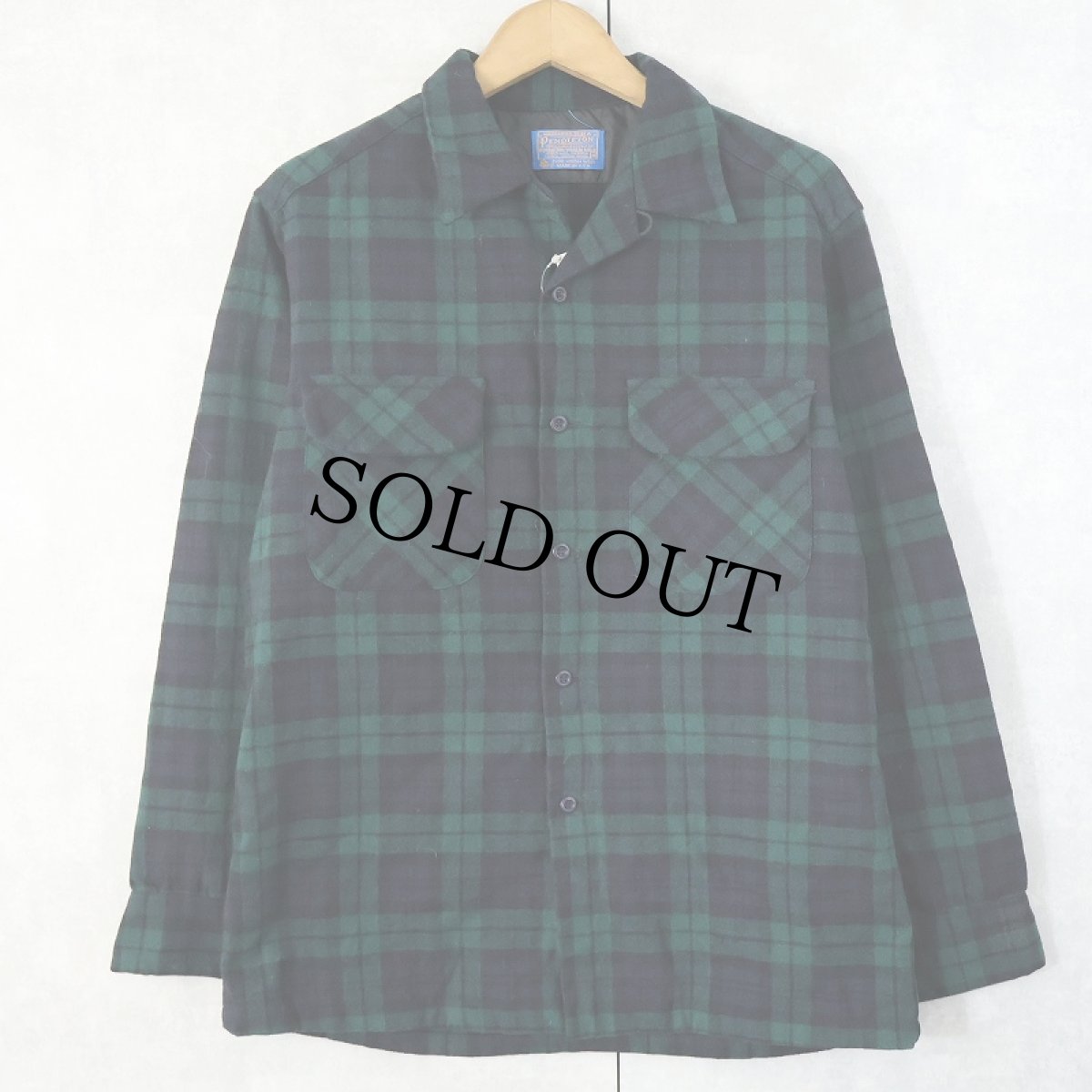 画像1: 70's PENDLETON USA製 ブラックウォッチチェック柄 ウールオープンカラーシャツ M (1)