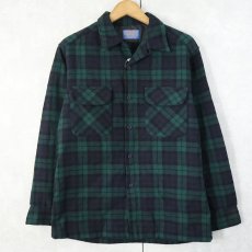 画像1: 70's PENDLETON USA製 ブラックウォッチチェック柄 ウールオープンカラーシャツ M (1)