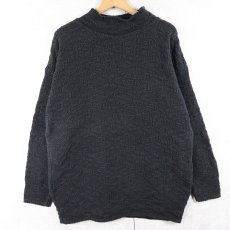 画像1: 90's WHITE STAG USA製 柄編み モックネック コットンニットセーター BLACK M (1)