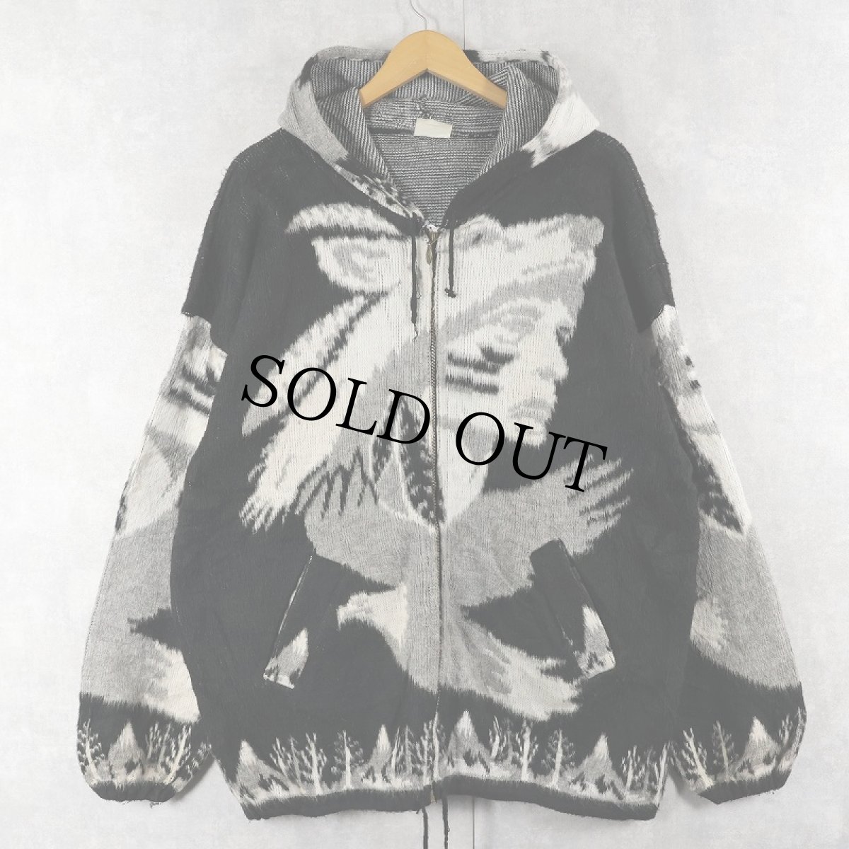 画像1: ARTESANIAS TUN TAQUIMBA ECUADOR製 インディアンヘッド柄 シャギーニットジップパーカー BLACK XL (1)