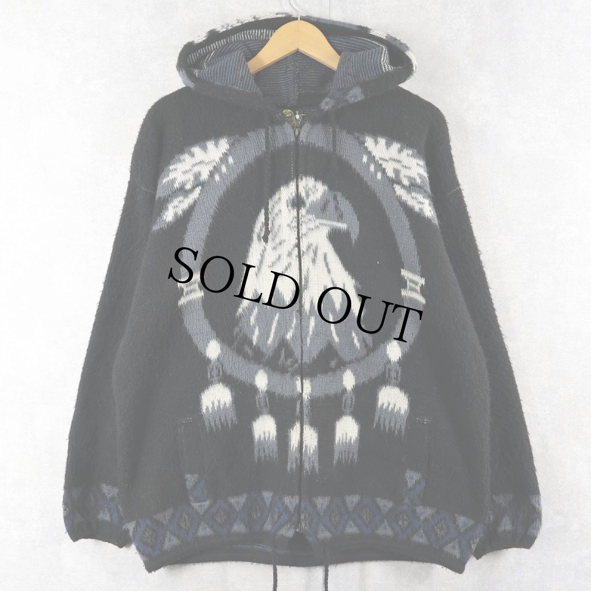 画像1: 【SALE】 TEJIDOS RUMINAHUI イーグル柄 シャギーニットジップパーカー BLACK L (1)