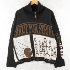 画像1: "SHOOT FOR STRIKE!" ボーリング柄 ハーフジップスキーニットセーター BLACK (1)