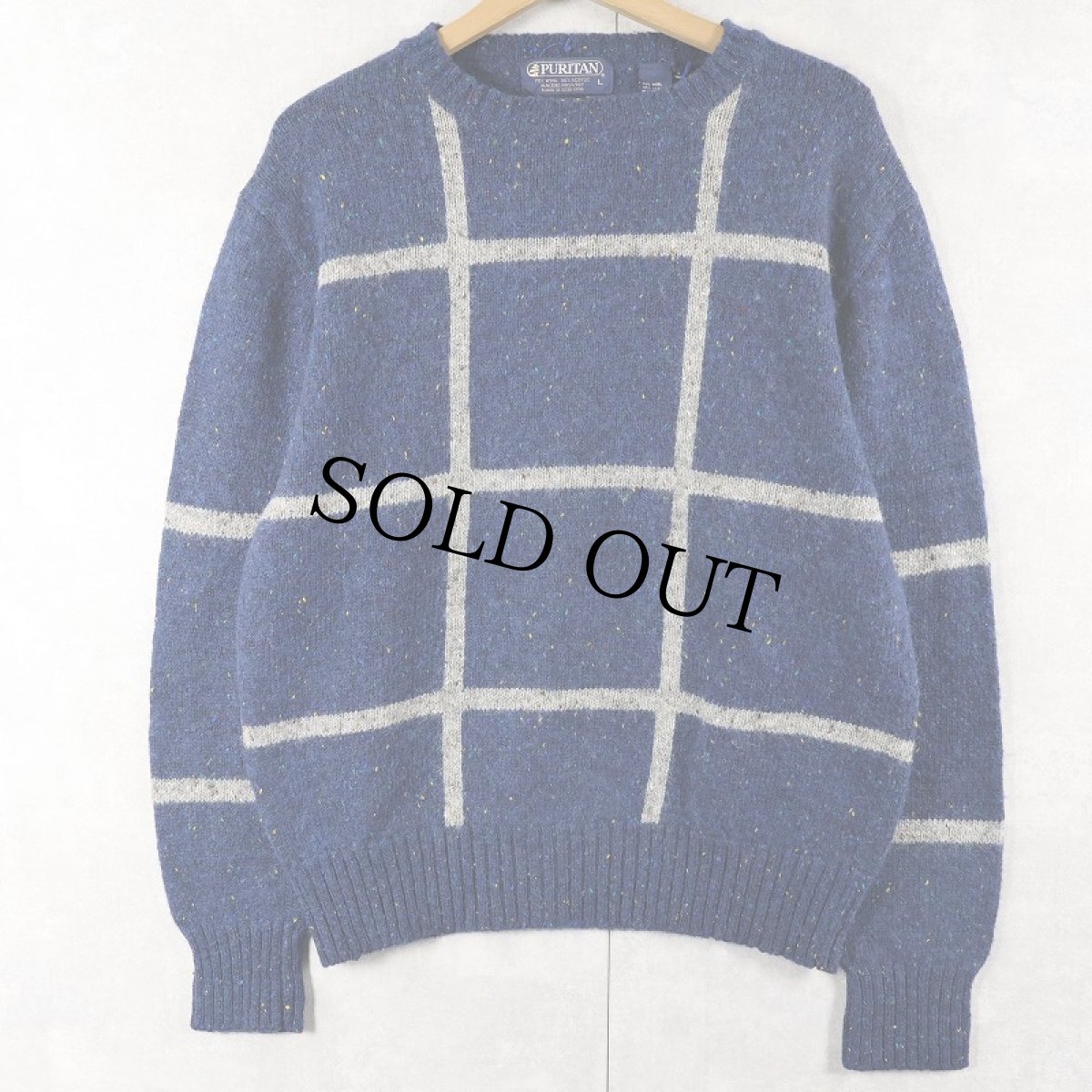 画像1: 80's PURITAN 格子柄 カラーネップ混 ウールニットセーター NAVY L (1)