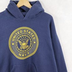 画像1: 90's SOFFE USA製 "U.S.NAVY" リフレクタープリントスウェットフーディー NAVY L (1)