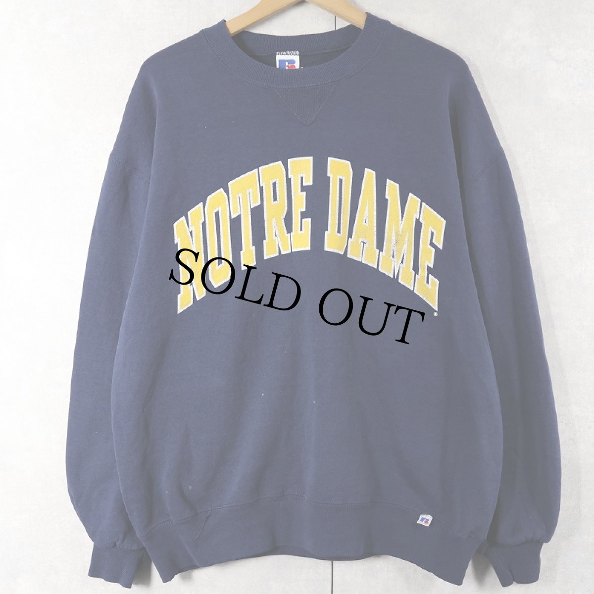 画像1: 90's RUSSELL ATHLETIC USA製 "NOTRE DAME" 前V プリントスウェット NAVY L (1)