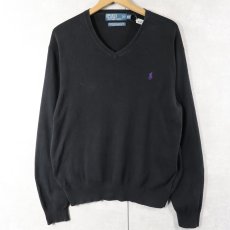 画像1: POLO Ralph Lauren ロゴ刺繍 "PIMA COTTON" Vネック コットンニットセーター BLACK M (1)