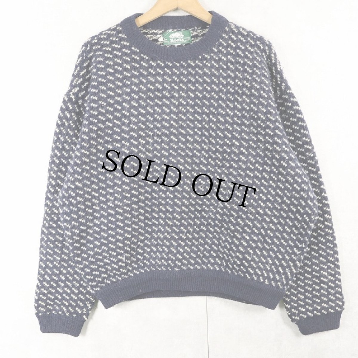 画像1: 80〜90's Roots バーズアイ柄 ウールニットセーター NAVY XL (1)