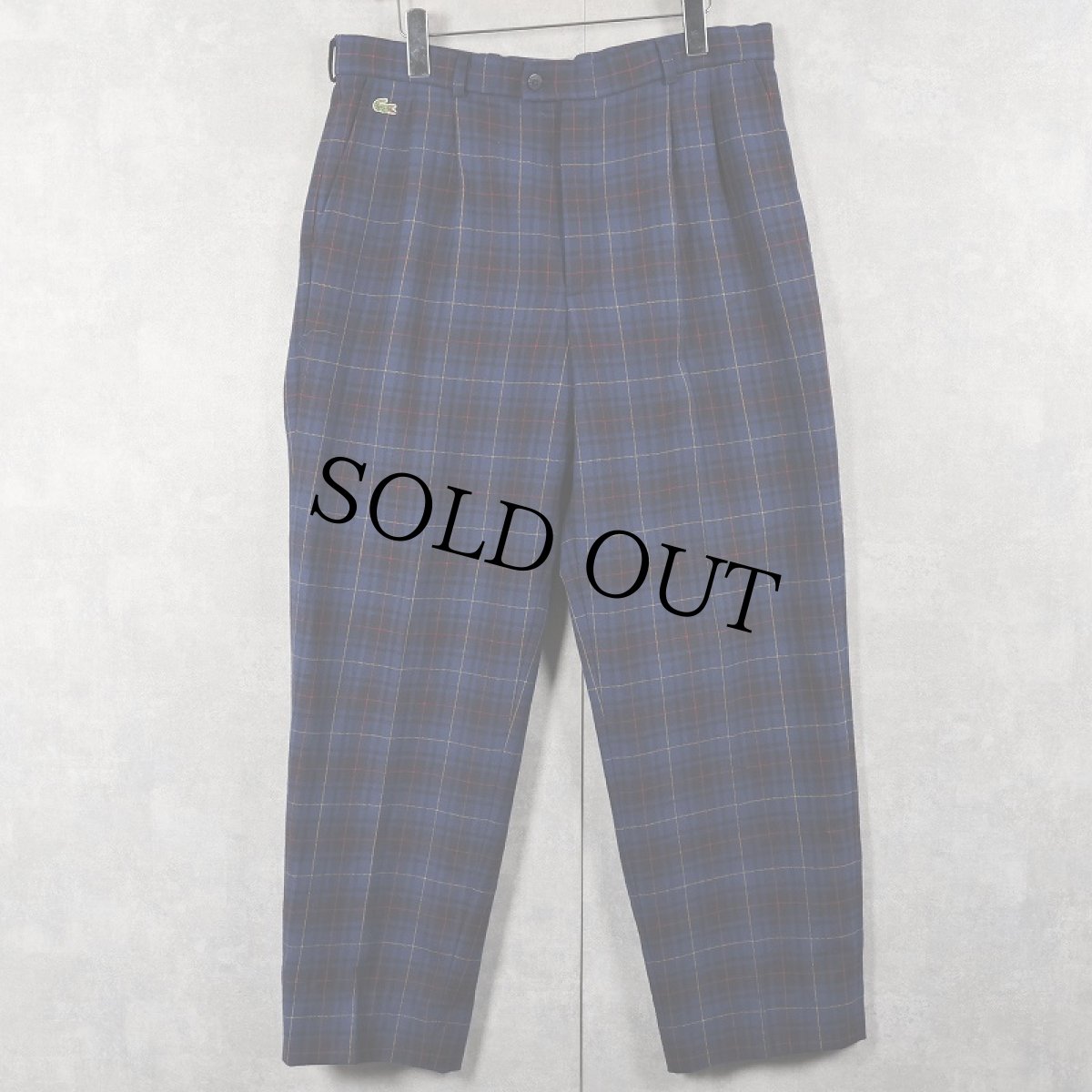 画像1: 70〜80's CHEMISE LACOSTE FRANCE製 チェック柄 ロゴ刺繍 2タック ウール×ポリエステルスラックス W35 (1)