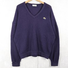 画像1: 70's CHEMISE LACOSTE FRANCE製 ロゴ刺繍 Vネック アクリルニットセーター NAVY SIZE5 (1)