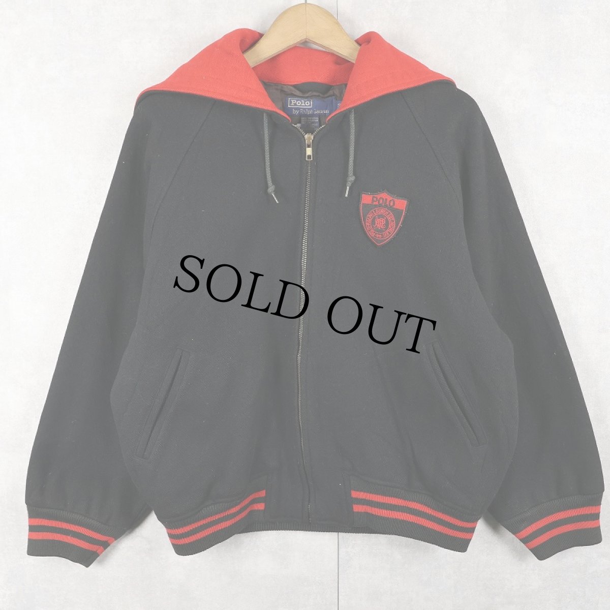 画像1: POLO Ralph Lauren エンブレムパッチ付き ラビットフード メルトンウールジャケット BLACK S (1)