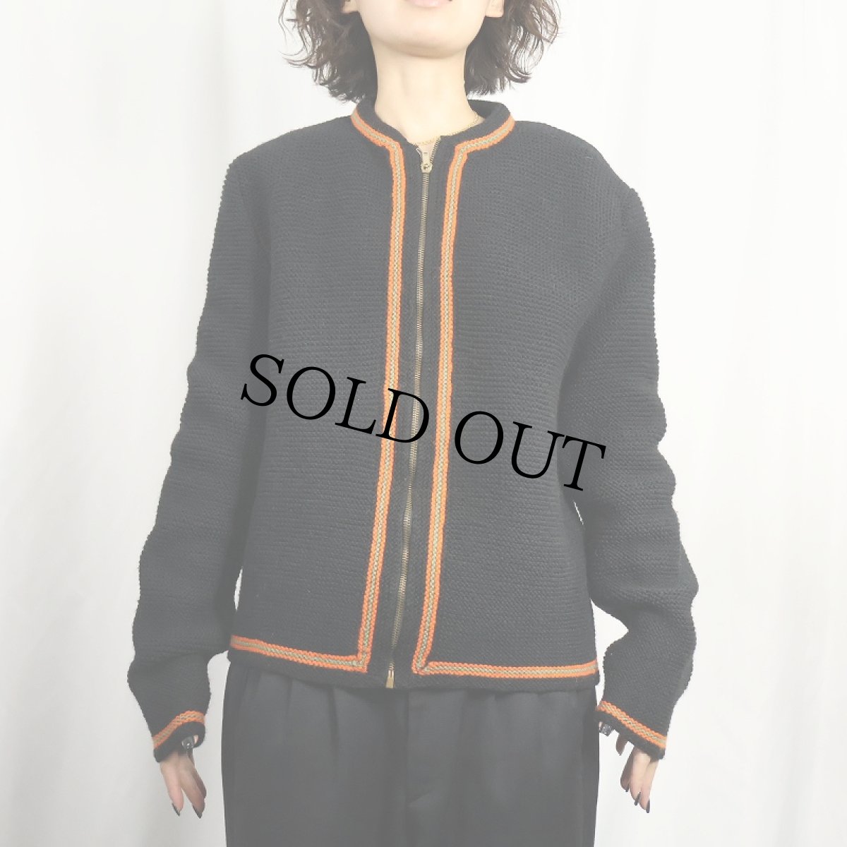 画像2: 50〜60's ラインデザイン ニットジップジャケット BLACK (2)