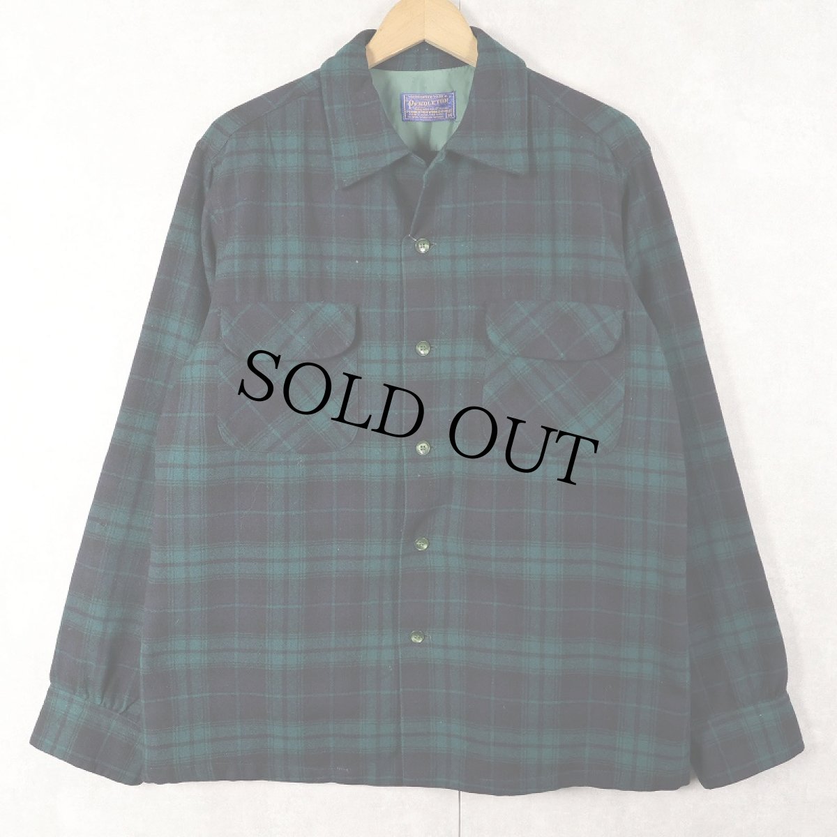 画像1: 80's PENDLETON ブラックウォッチチェック柄 ウールオープンカラーシャツ M (1)