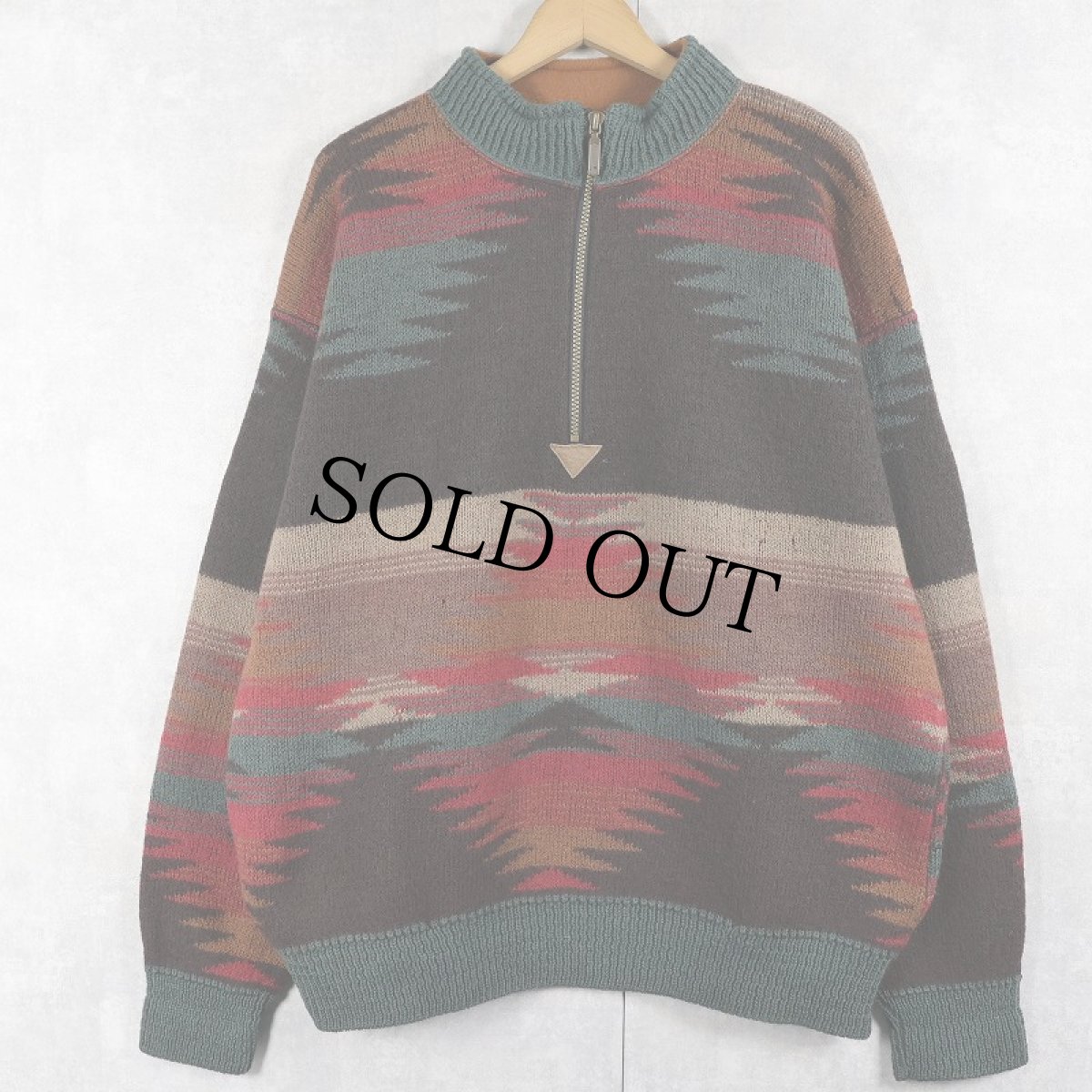 画像1: 90's ORVIS USA製 ネイティブ柄 ハーフジップ ウールニットセーター L (1)