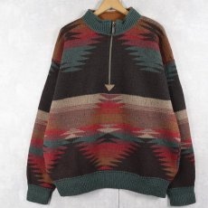 画像1: 90's ORVIS USA製 ネイティブ柄 ハーフジップ ウールニットセーター L (1)