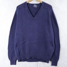 画像1: 90's LANDS' END USA製 Vネック コットンニットセーター NAVY L  (1)