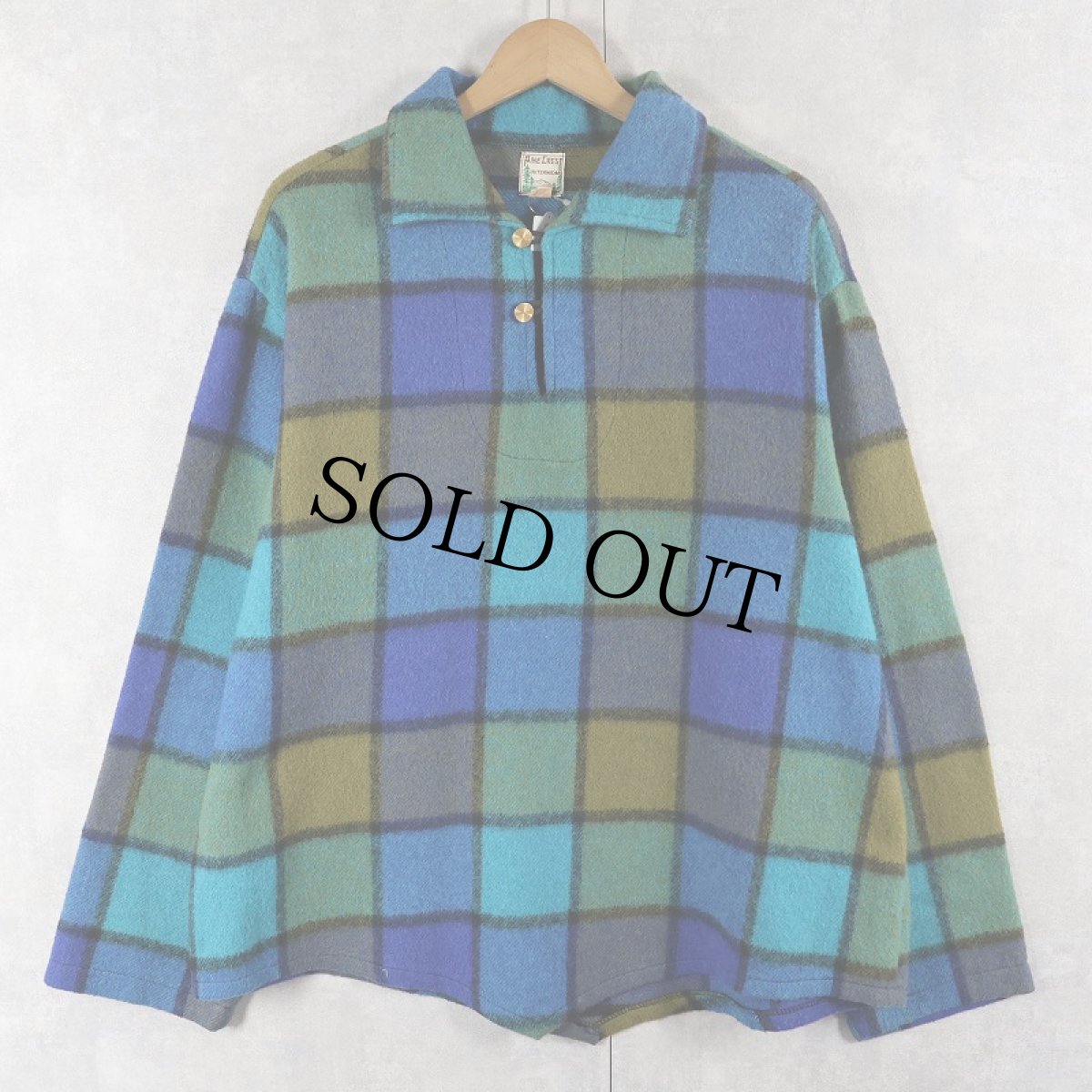 画像1: 60's〜 PINE CREST ブロックチェック柄 ウールプルオーバーシャツ L (1)