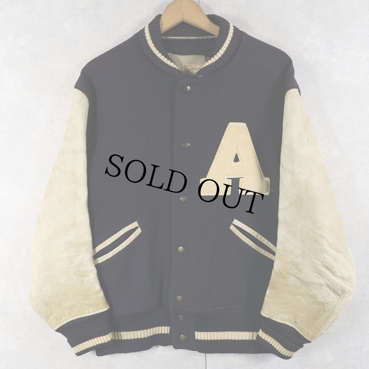 画像1: 50's H.L.Whiting Co. USA製 パッチ付き レザー×メルトンウールスタジャン NAVY SIZE44 (1)