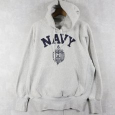 画像1: 90's USA製 REVERSE WEAVE TYPE "NAVY" プリントスウェットフーディー XS (1)
