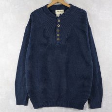 画像1: 90's Eddie Bauer USA製 ヘンリーネック コットンニットセーター NAVY M (1)