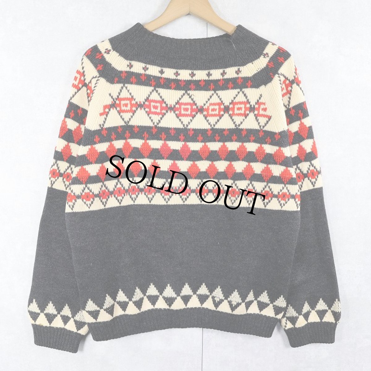 画像1: 〜60's ノルディック柄 モックネック ウールニットセーター CHARCOAL GRAY (1)