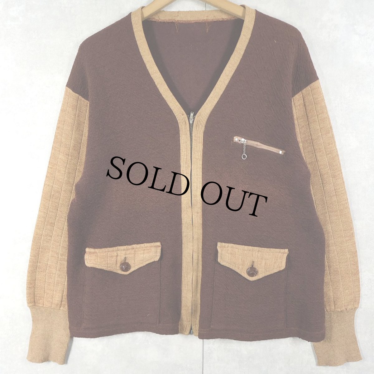 画像1: 40's コの字エンド 2トーン ウールニットジップカーディガン (1)