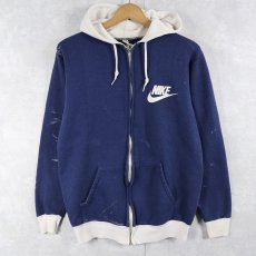 画像1: 70's NIKE USA製 オレンジタグ ロゴプリント スウェットジップパーカー NAVY M (1)