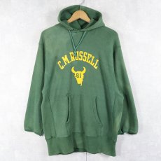画像1: 70〜80's Champion 青単色タグ REVERSE WEAVE USA製 "C.M.RUSSELL" カットオフ プリントスウェットフーディー M (1)