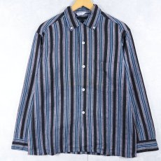 画像1: 60's yankshire マルチストライプ柄 オープンカラー ボタンダウン プリントネルシャツ M (1)