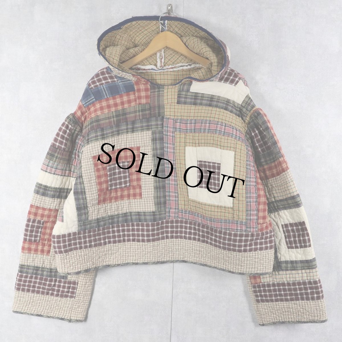 画像1: チェック柄 パッチワーク キルティングフーディー (1)