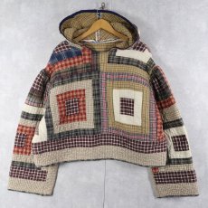 画像1: チェック柄 パッチワーク キルティングフーディー (1)